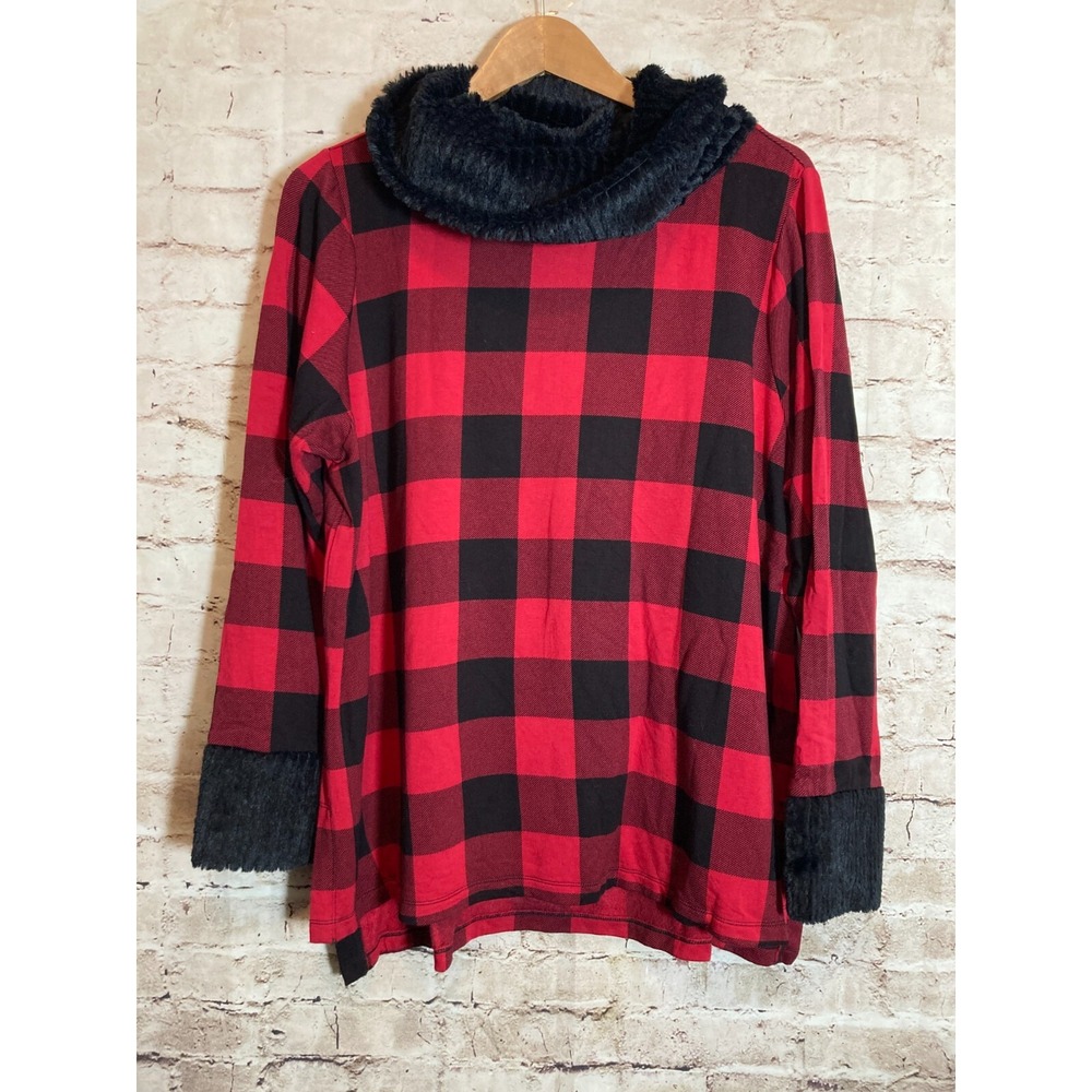 Cato Top Womens 14/16W Red Black Buffalo Plaid Check Faux Fur Trim Cowl Neck